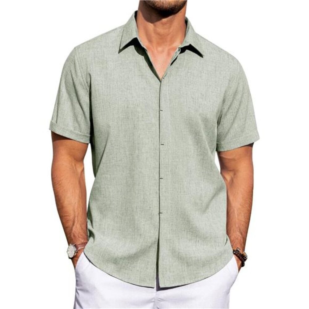 Men's Linen Shirts Casual Short‎ Sleeve Button Down Shirt Beach Summer T-shirts